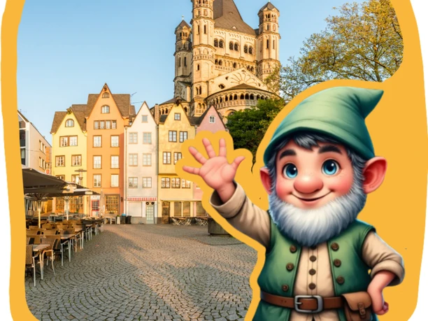 Kiddy Trip - Erwin in Cologne's old town Colorful houses and church in Cologne with a waving drawn dwarf in the foreground