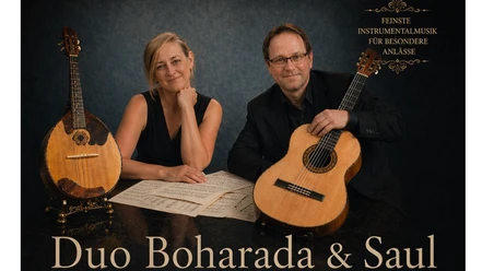 LAK Boharada_Saul Konzertankündigung des Duos Boharada & Saul: Eine Frau mit Domra und ein Mann mit Gitarre.