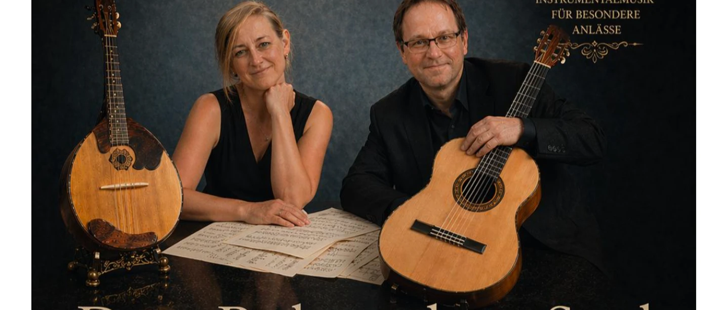 LAK Boharada_Saul Konzertankündigung des Duos Boharada & Saul: Eine Frau mit Domra und ein Mann mit Gitarre.