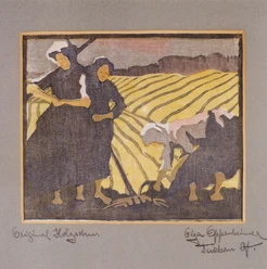 Olga Oppenheimer, Ernte, Farbholzschnitt, 1907 Holzschnitt mit drei Frauen bei der Feldarbeit vor gelb strukturierten Äckern.
