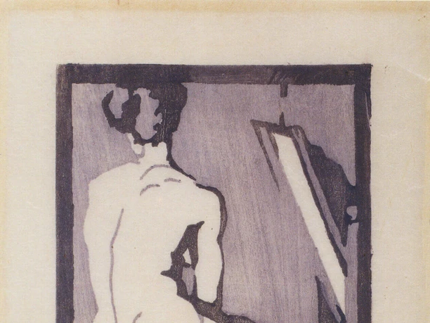 Olga Oppenheimer, Akt in Rückenansicht, Holzschnitt, 1907 Aktfigur von hinten im stilisierten Holzschnitt, kniend vor einem schrägen Rahmenmotiv