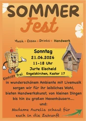 Sommerfest in der Jurte Eischeid Buntes Sommerfest-Plakat mit Datum, Waffel-Maskottchen und kleinem Holzhausmotiv.