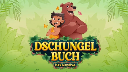 Mowgli und Balu vor Dschungelbuch-Musical-Logo