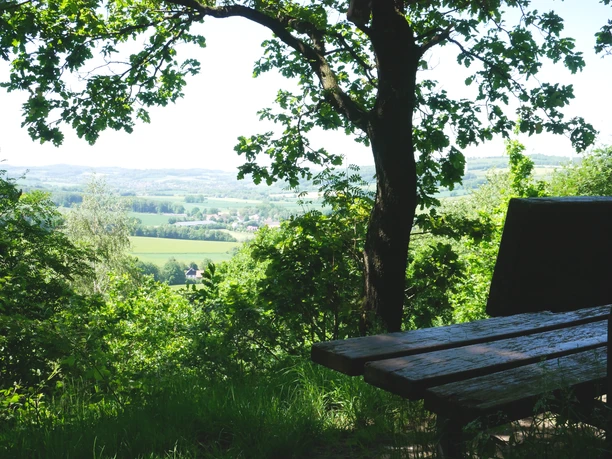 Ausblick Hexenberg.png Blick vom Hexenberg über Felder und Ortschaften mit Bank unter schattigem Baum im Vordergrund.
