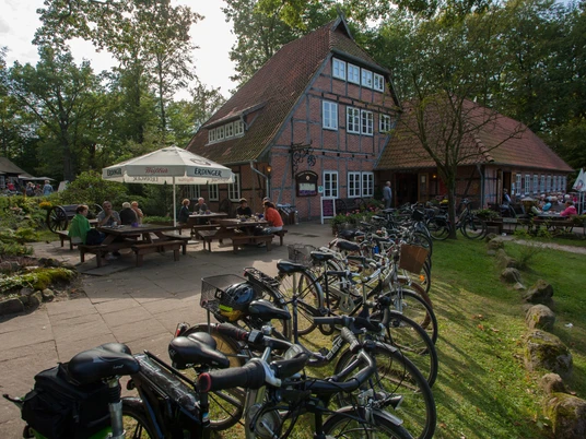 gasthaus-zum-heidemuseum-mit-terrassen Historisches Fachwerkhaus mit sonniger Terrasse und Fahrrädern im Vordergrund vor bewaldeter Kulisse.