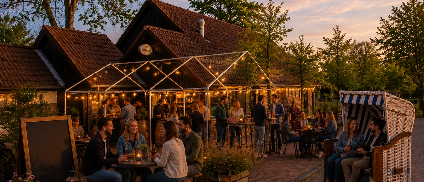 Seglertreff Nordseebad Otterndorf - Party 1 Gäste genießen die Abendstimmung unter Lichterketten auf der Terrasse des Seglertreffs.