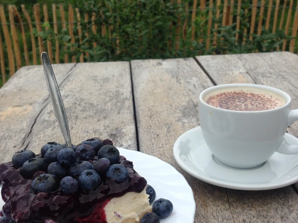A plate of blueberry pie and fresh berries next to a cup of coffee on a wooden table.