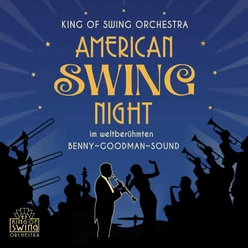 Plakat zur American Swing Night mit goldener Schrift und Musiker-Silhouetten auf blauem Grund