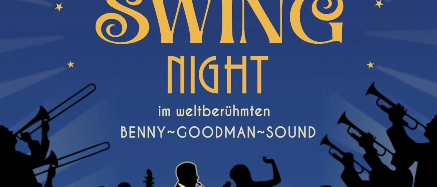 Plakat zur American Swing Night mit goldener Schrift und Musiker-Silhouetten auf blauem Grund