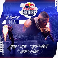 Bühnenposter mit Red Bull Setlist, Auftrittsszenen und dem Schriftzug 10 Jahre Luciano