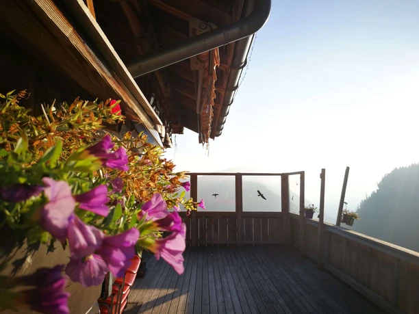 Sennhütte Menigwald Balkon mit Blumen