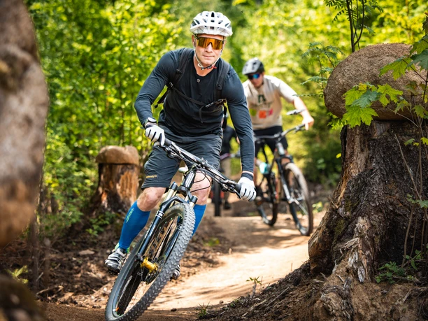 Borderlesstrails.jpg Zwei Mountainbiker fahren auf einem schmalen Waldtrail durch eine naturnahe Waldlandschaft. Im Vordergrund fährt ein Radfahrer durch eine Kurve, während ein weiterer Fahrer ihm auf dem Trail folgt.