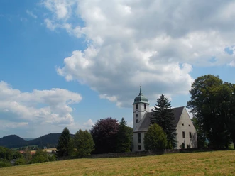 Kirche Papstdorf Man sieht eine Wiese und im Hintergrund die Kirche in Papstdorf