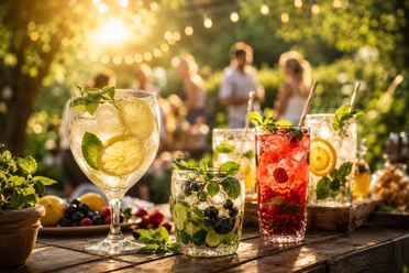 Erfrischungen beim Rasteder Sommergarten Bunte Sommergetränke mit Früchten und Minze auf einem Holztisch bei einem Fest im sonnigen Garten.