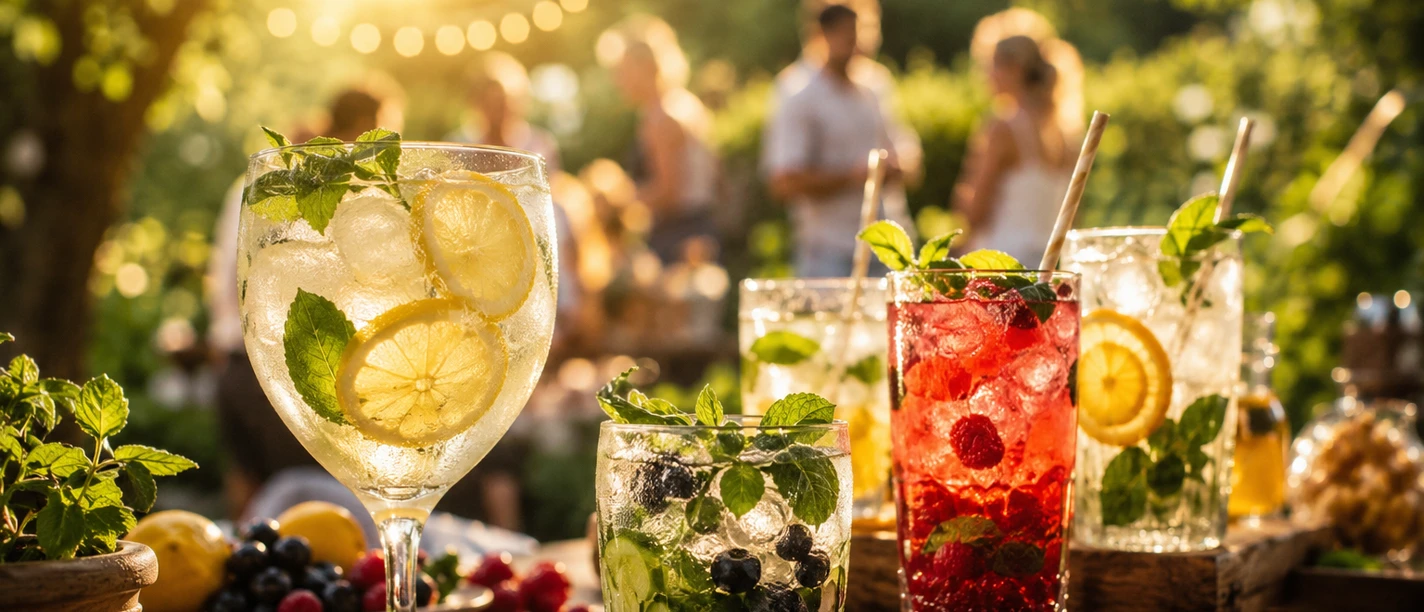 Erfrischungen beim Rasteder Sommergarten Bunte Sommergetränke mit Früchten und Minze auf einem Holztisch bei einem Fest im sonnigen Garten.