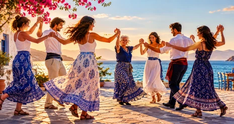 griechische tänze Man sieht Menschen am Meer, die einen Reigen tanzen