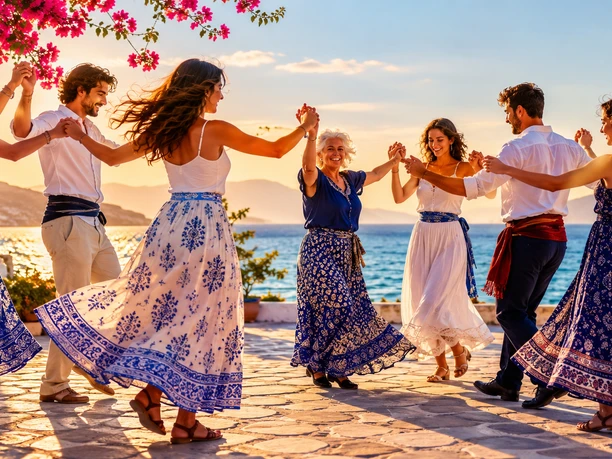 griechische tänze Man sieht Menschen am Meer, die einen Reigen tanzen