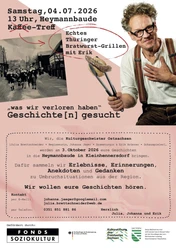 Grilltreff Man sieht ein Plakat, auf dem ein Mann eine Bratwurst hält