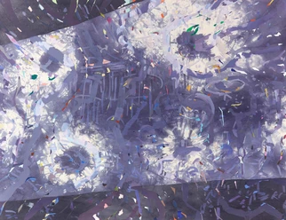 "Cosmic", 170 x 210 cm, Acryl, Spraypaint auf gefärbten und zusammengenähten Jute und Nessel, 2025. Abstraktes violettes Gemälde mit wirbelnden Lichtformen und bunten Fragmenten