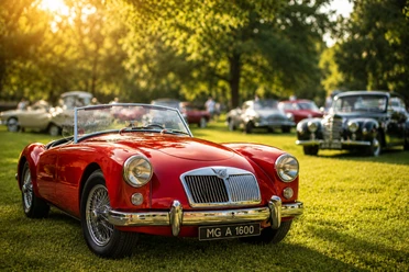Auftakt zum Oldtimer Sommerfest Ein rotes Oldtimer-Cabrio vom Typ MG A 1600 parkt auf einer Wiese bei einem Autotreffen.