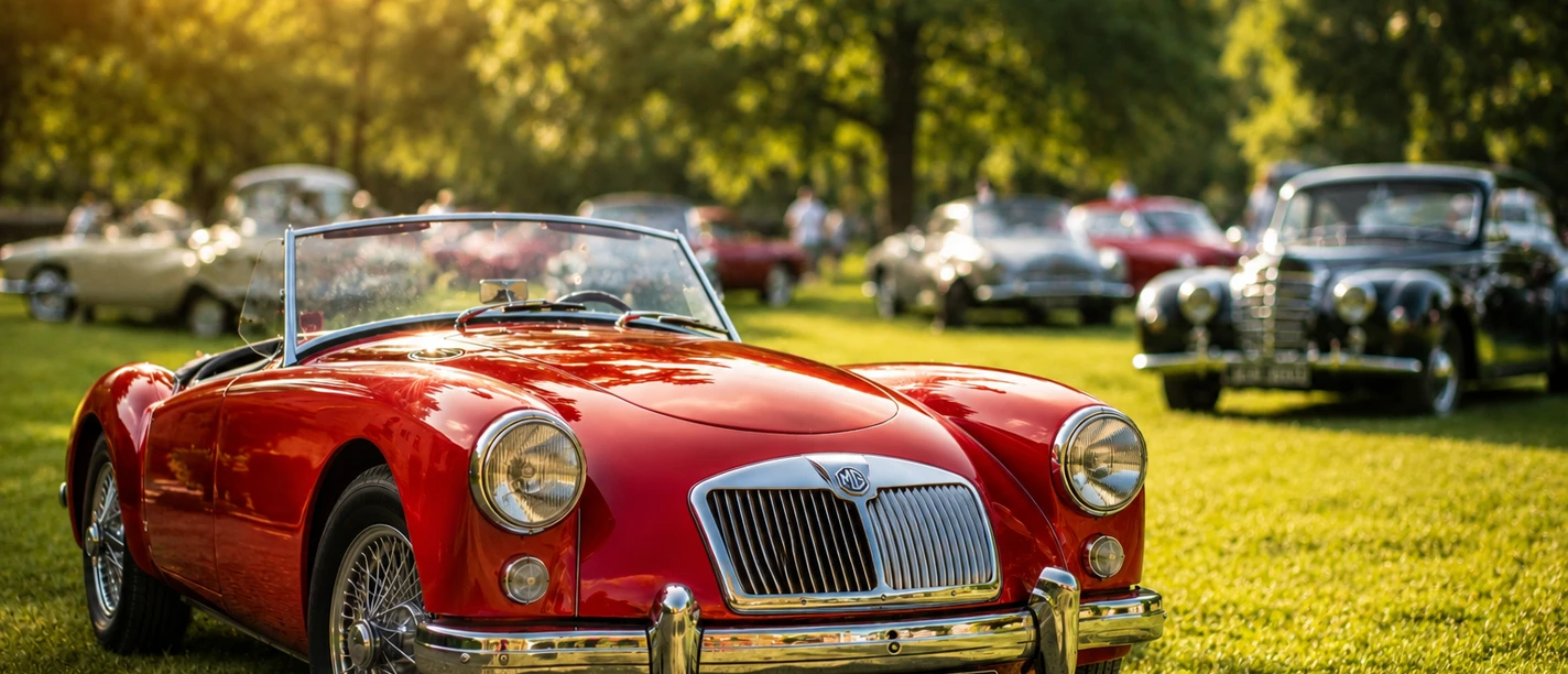 Auftakt zum Oldtimer Sommerfest Ein rotes Oldtimer-Cabrio vom Typ MG A 1600 parkt auf einer Wiese bei einem Autotreffen.