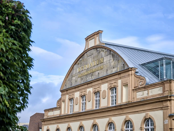 Naturkundemuseum Historisches Gebäude des Ottoneums mit der Aufschrift „OTTONeum Naturkundemuseum“ am oberen Fassadenbereich; die Architektur zeigt eine verzierte, sandfarbene Fassade mit Rundbogenfenstern und einem grauen Metalldach.