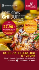 Boeckis_Feuerabend Plakat zum Grillbuffet "Böcki's Feuer & Feierabend" mit Nahaufnahme von gegrilltem Fleisch.