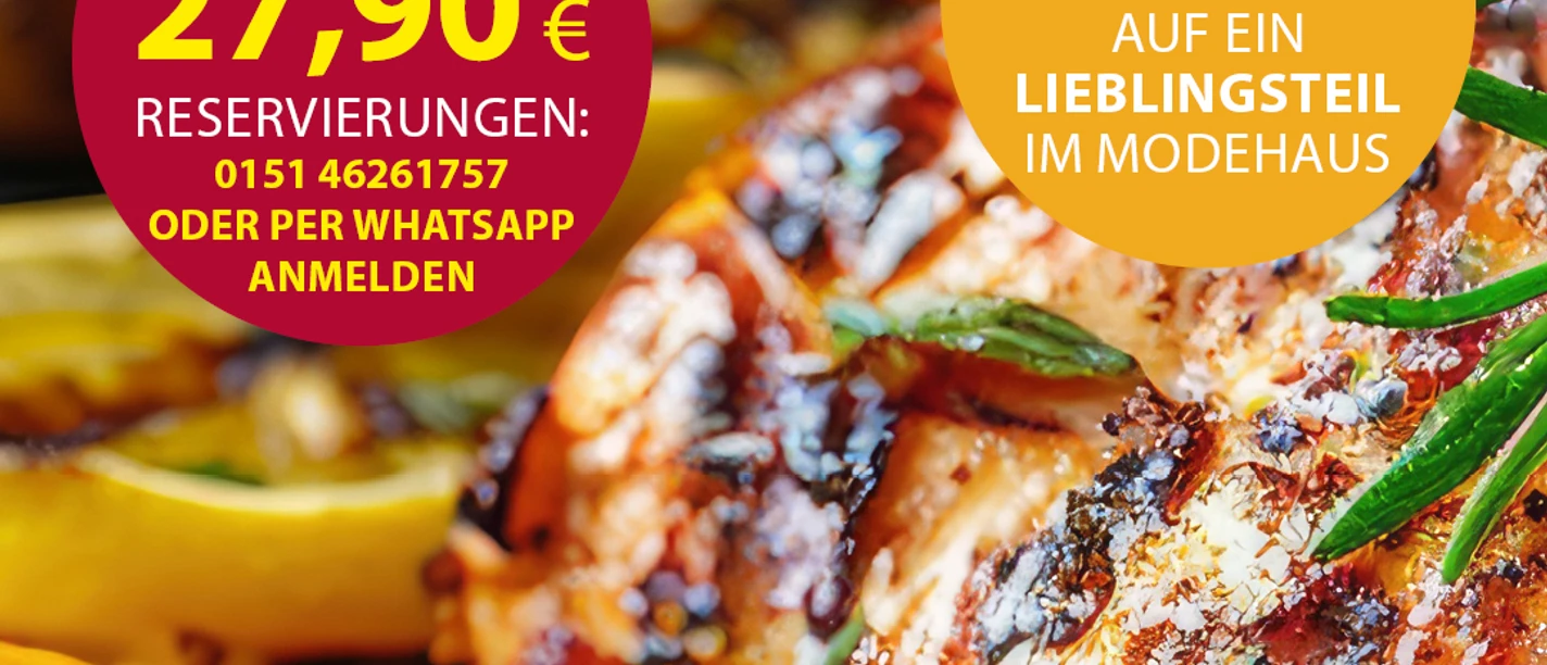 Boeckis_Feuerabend Plakat zum Grillbuffet "Böcki's Feuer & Feierabend" mit Nahaufnahme von gegrilltem Fleisch.
