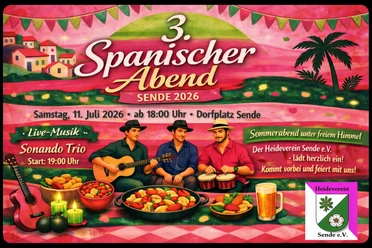 2026 Spanischer Abend quer.png Plakat zum 3. Spanischen Abend 2026 mit Live-Musik, Tapas und Sommerstimmung im Freien