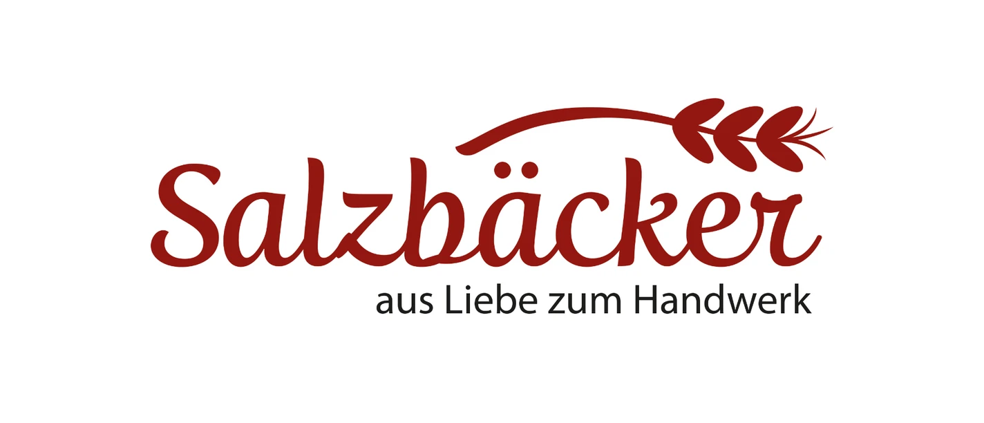 Logo der Bäckerei Salzbäcker mit einer roten Ähre und dem Slogan aus Liebe zum Handwerk.