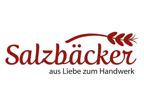 Logo Logo der Bäckerei Salzbäcker mit einer roten Ähre und dem Slogan aus Liebe zum Handwerk.