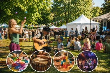 Symbolische Darstellung des Spielfestivals Bunte Collage vom Spielfestival Rastede: Menschen musizieren, jonglieren, malen und spielen.