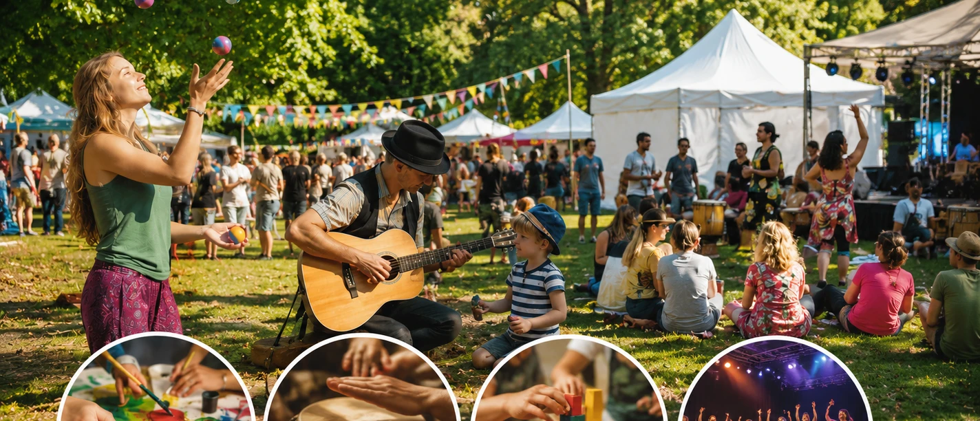 Symbolische Darstellung des Spielfestivals Bunte Collage vom Spielfestival Rastede: Menschen musizieren, jonglieren, malen und spielen.