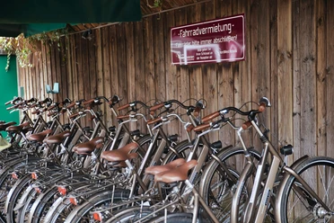 Fahrradverleih-Bad-Zwischenahn-Touringrad-Vermietung.jpg Tourenräder der Fahrradvermietung in Bad Zwischenahn stehen aufgereiht an einer Holzwand.