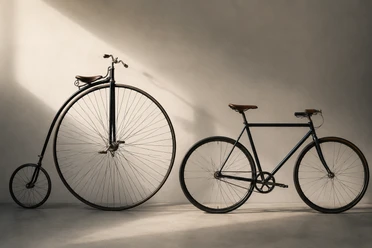 Symbolbild: Veloziped ChatGPT.png Symbolbild: Ein historisches Hochrad steht neben einem klassischen Fahrrad vor einem neutralen Hintergrund.