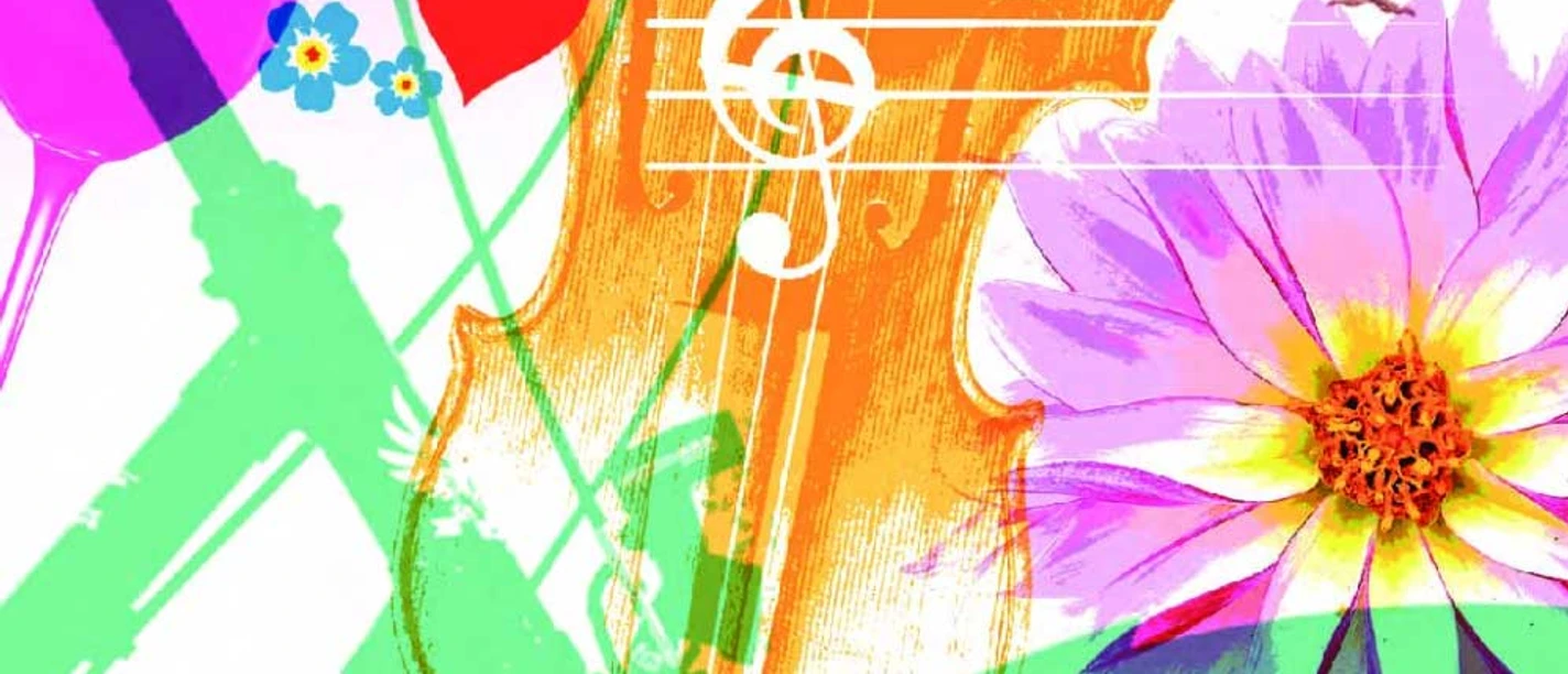 kkr-rastede-gartenmusik-2026.jpg Bunte Grafik-Collage: Geige, Notenschlüssel, Blume, Vogel, Herz und Fahrrad.