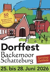Dorffest Backemoor/ Schatteburg Plakat zum Dorffest in Backemoor / Schatteburg vom 25.-28. Juni 2026. Gezeichnete Dorfszene mit Mühle.
