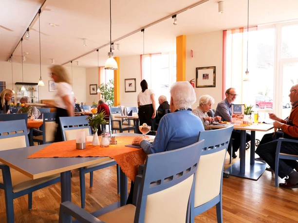 cafeteria_1-36 Menschen verschiedener Altersgruppen genießen Mahlzeiten in einem sonnendurchfluteten Café.