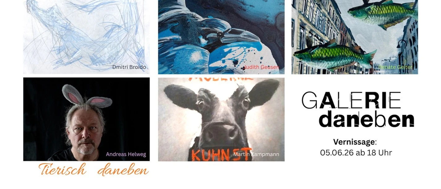 Tierisch daneben Collage of animal motifs with fish pictures, raven, cow and a man with rabbit ears