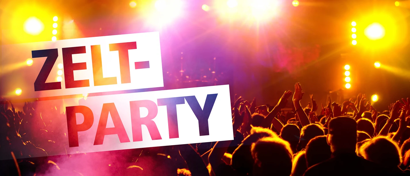 Zeltparty 1920 x 1080.jpg Eine jubelnde Menschenmenge feiert vor einer Bühne, die von bunten Scheinwerfern beleuchtet wird.