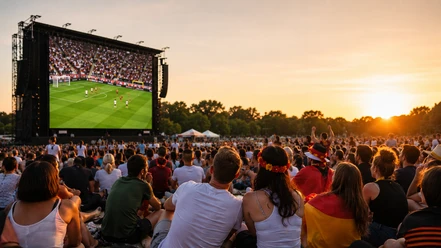 Public-Viewing Menschen beim Public Viewing auf Sportplatz, Großleinwand mit Fußballspiel im Abendlicht