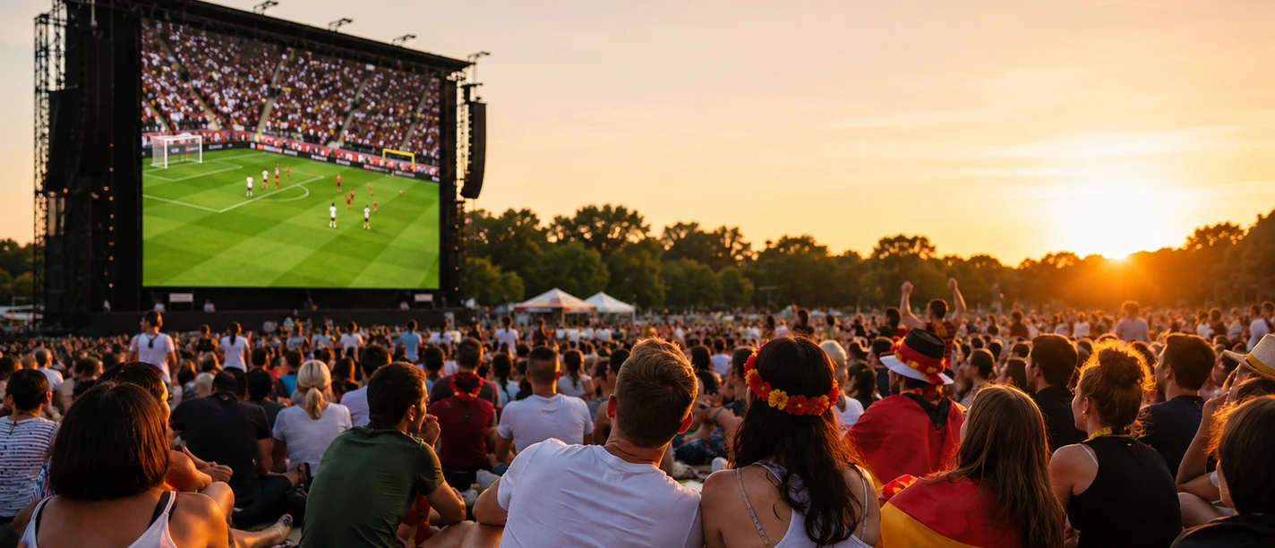 Public-Viewing Menschen beim Public Viewing auf Sportplatz, Großleinwand mit Fußballspiel im Abendlicht