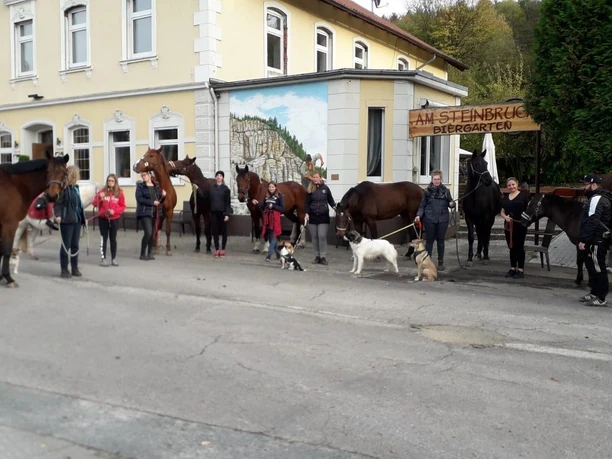 Hoch zu Ross zum Restaurant & Café Am Steinbruch in Hilter Gruppe von Reitern und Hunden vor einem Restaurant mit Biergarten und bemalter Wand in Hilter.