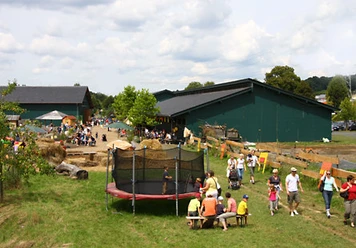 Außengelände Familienfreundlicher Bauernhof mit Spielplatz, grünen Scheunen und vielen Besuchern bei strahlendem Wetter.