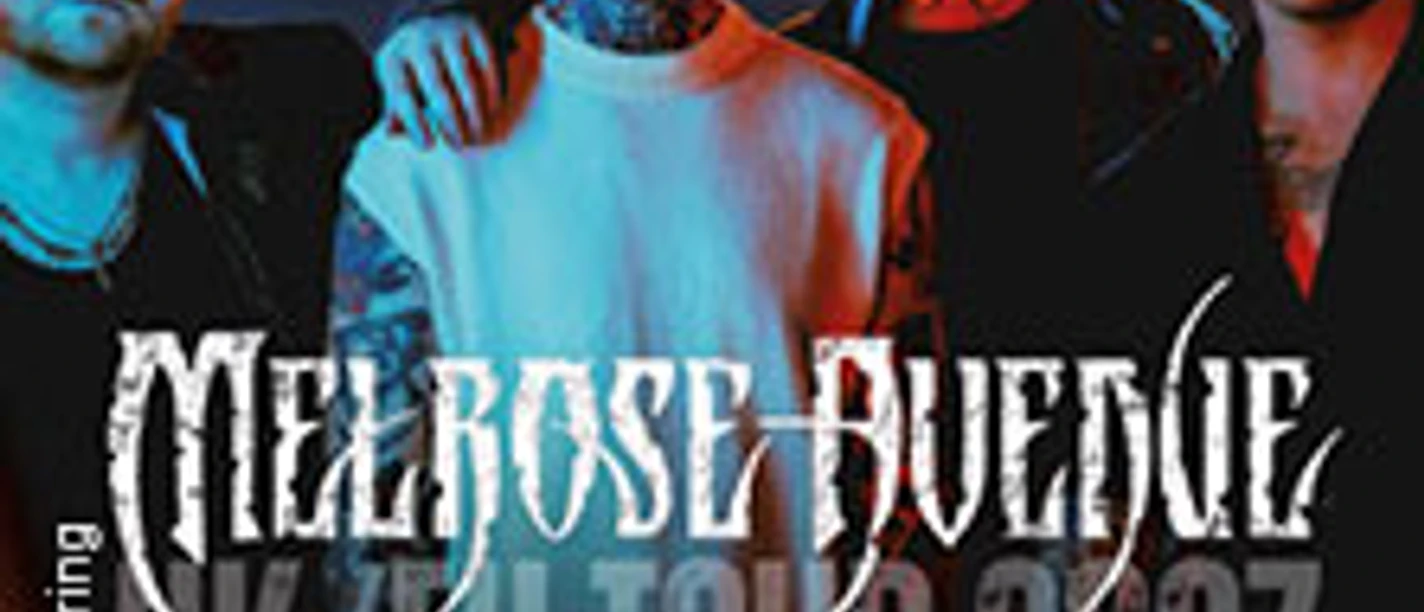Vierköpfige Band vor neonfarbenen Lichtstreifen mit Schriftzug Melrose Avenue UK/EU Tour 2027