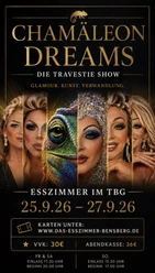 Chamäleon Dreams Poster mit Titelschrift Chamäleon Dreams und Collage aus Travestiefiguren und Chamäleon