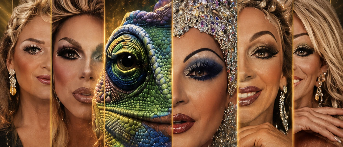 Chamäleon Dreams Poster mit Titelschrift Chamäleon Dreams und Collage aus Travestiefiguren und Chamäleon