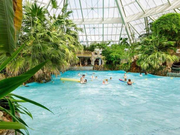 Center-parcs-aqua-mundo-bispingen.jpg Badegäste im Wellenbecken des Aqua Mundo Bispinger Heide, umgeben von tropischen Pflanzen.