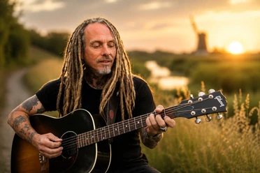 Thomas Kümper Thomas Kümper mit Dreadlocks spielt Gitarre im Sonnenuntergang vor einer Windmühle.