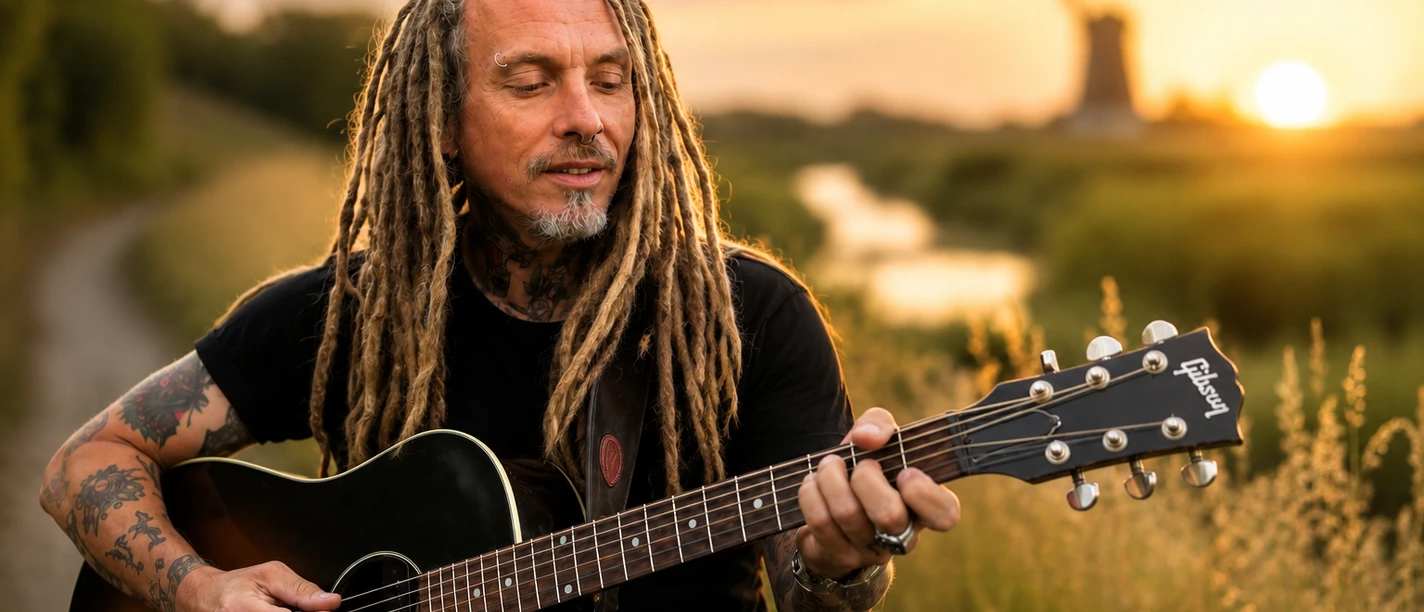 Thomas Kümper Thomas Kümper mit Dreadlocks spielt Gitarre im Sonnenuntergang vor einer Windmühle.